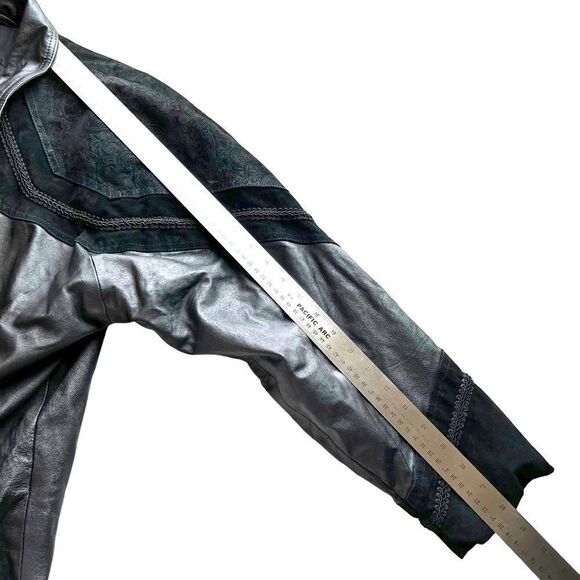 Vintage Greg Bell Leather 80’s Matrix Black Paisley Patchwork Long Trench Coat - Picture 11 of 16